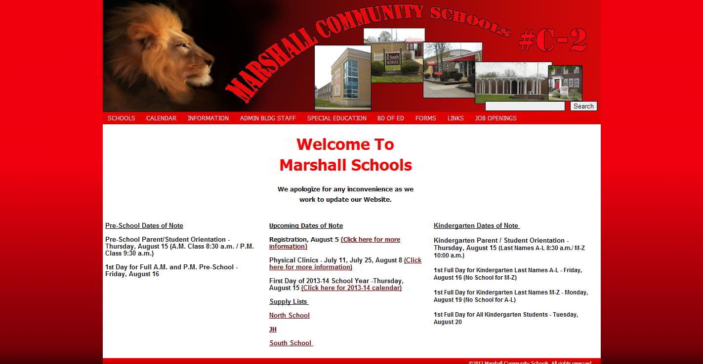 Screenshot of the Marshall Community Schools website as built.