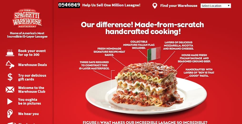 Screenshot of the Spaghetti Warehouse website as built.
