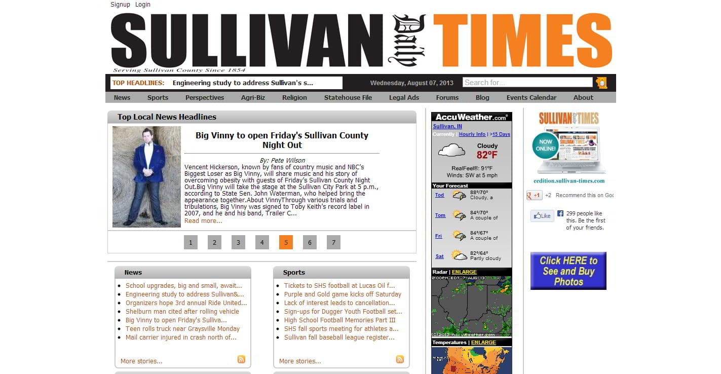 Screenshot of the Sullivan Times Online website as built.